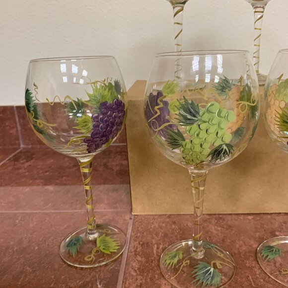 WINE GLASSES - set 6 Hand Painted GRAPES, VINES, LEAVES Design Wine Glasses 8.5" - Picture 3 of 8